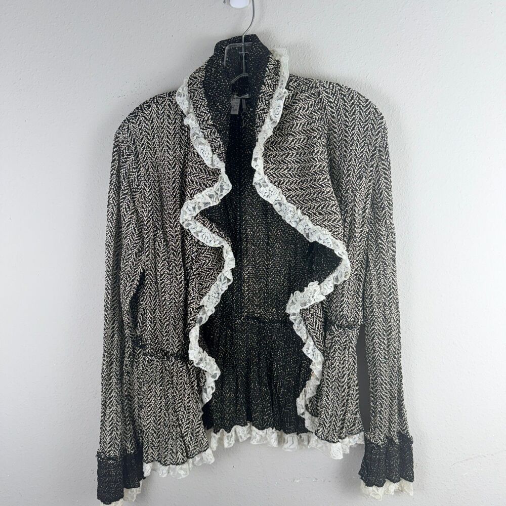 Vintage Alberto Makali Large Ruffle Lace Trim Open Front Cardigan Romantic Boho